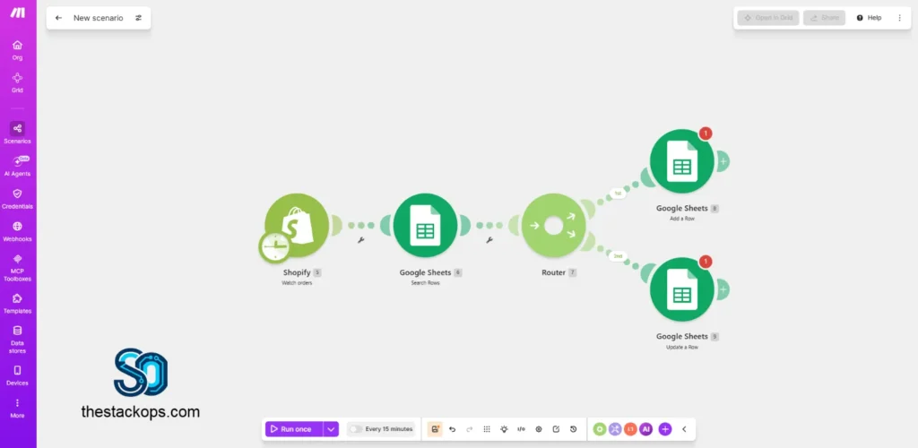 Uso de módulo Router en Make para dividir flujos de Add Row y Update Row de Google Sheets