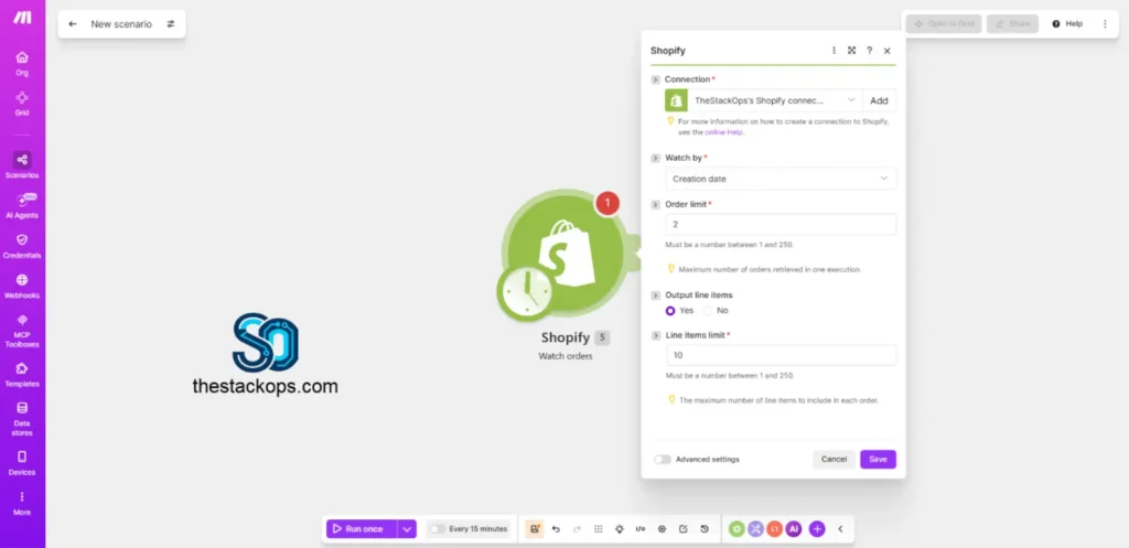 Configuración del módulo trigger Watch Orders de Shopify en la interfaz de Make