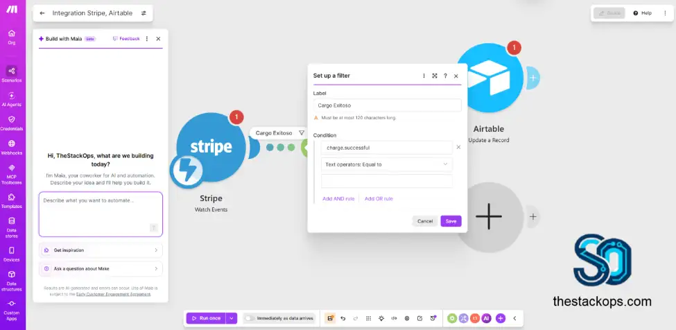 Bifurcacion logica mediante Router en Make para procesar cargos y reembolsos de Stripe