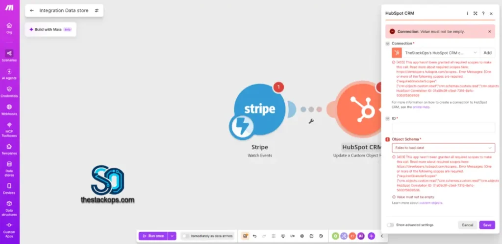 Auditoria de datos en Make detectando error de scopes 403 en HubSpot CRM