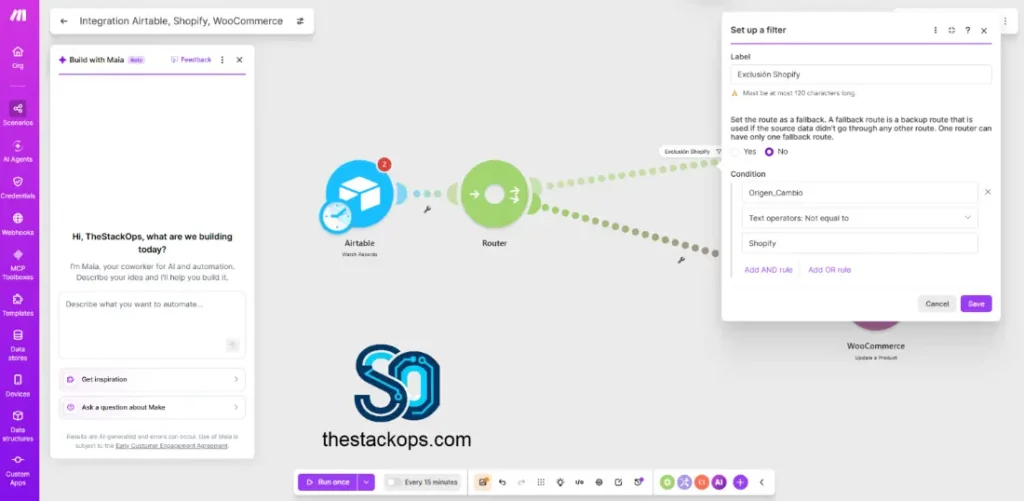 Filtro de exclusion multicanal en Make para sincronizar inventario en tiempo real